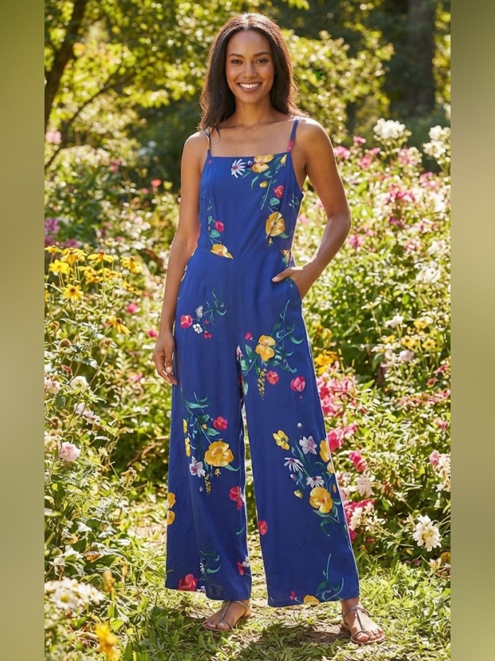 Old Navy Blue Floral Jumpsuit S 100% Rayon Wide Leg Cami Straps Boho